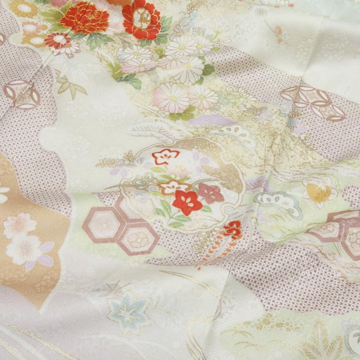 ★きもの北條★ 花の図　松竹梅　金駒刺繍　地模様　淑やかな和の装いに　トール　乳白色　桜色　訪問着　A695-8 L【新品】の画像