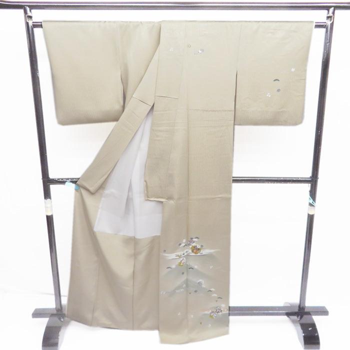 ★きもの北條★ 雪輪に花模様　吹き寄せ文　縦縞模様　落ち着きある艶やかな装いに　トール　白茶色　訪問着　A696-2 L【新品】の画像