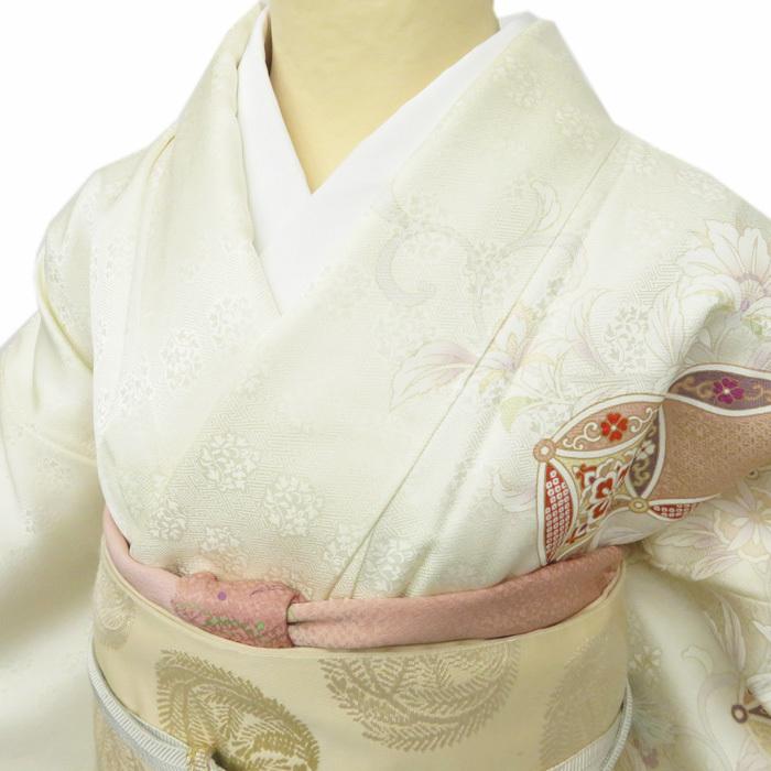 ★きもの北條★ 花の図　七宝文　金駒刺繍　地模様　洗練された装いに　トール　乳白色　胡粉色　訪問着　A696-7 L【新品】の画像