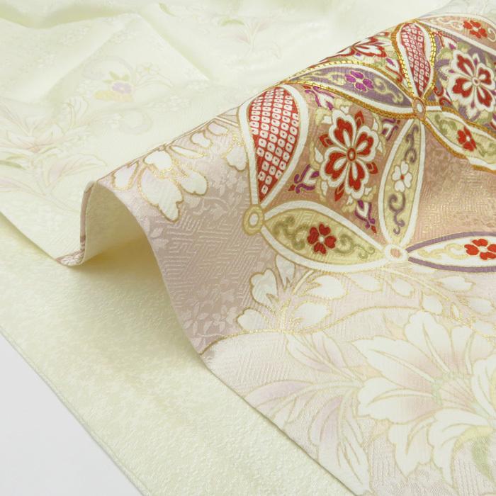 ★きもの北條★ 花の図　七宝文　金駒刺繍　地模様　洗練された装いに　トール　乳白色　胡粉色　訪問着　A696-7 L【新品】の画像