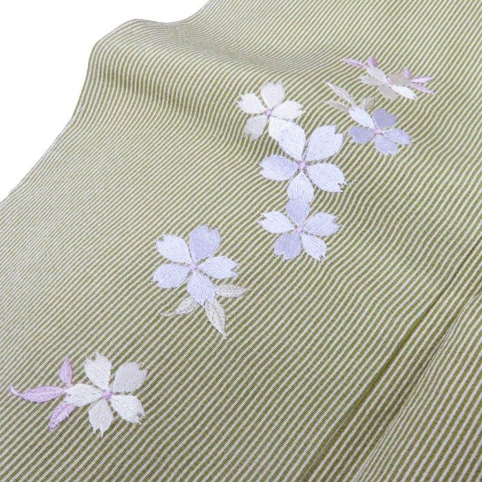 江戸小紋万筋桜模様刺繍トール鶯色着物付下げA748-2 L