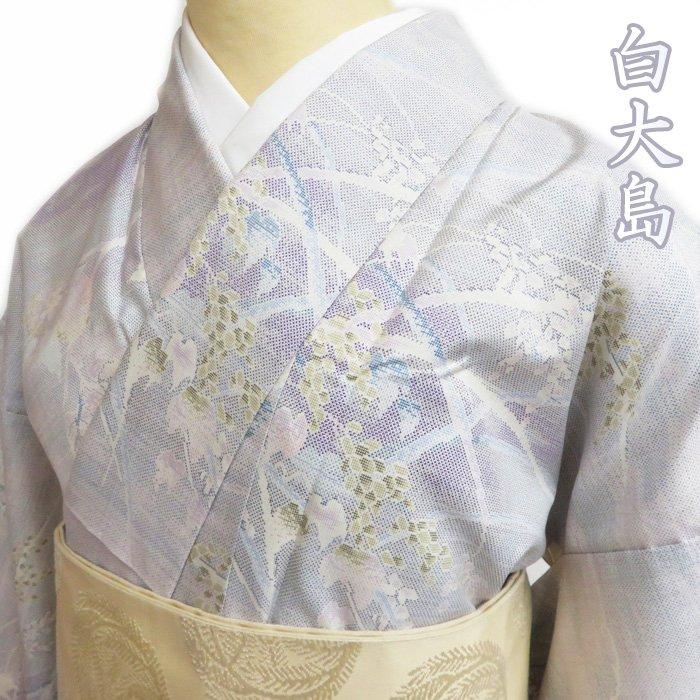 白大島 紬柿と稲穂の図オフホワイト多色着物A755-4 M