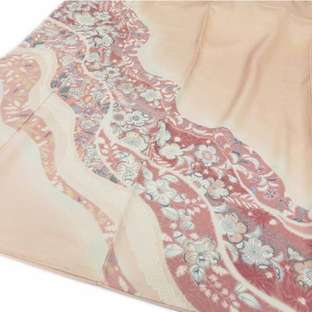 辻が花模様銀駒刺繍紋付淡紅色着物訪問着A764-5 M