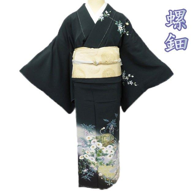 ☆きもの北條☆ 螺鈿 流水に花の図 楽器 気品漂う淑やかな一条 深緑色  