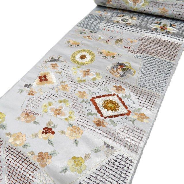 ☆きもの北條☆ 特選 帯反物 汕頭刺繍 スワトウ 灰色 多色 金銀 反物  