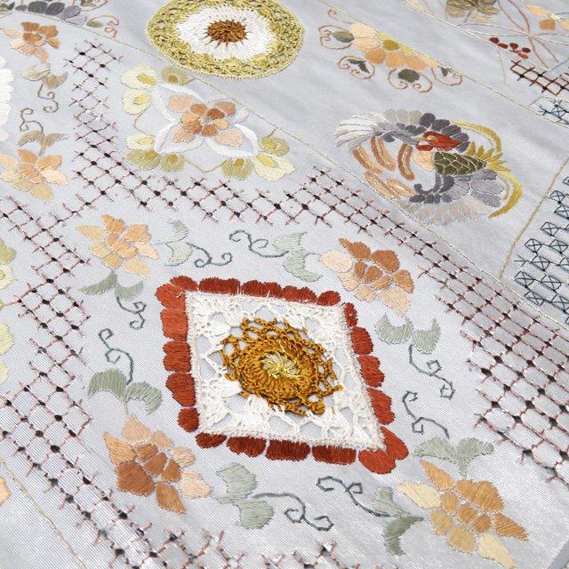 ☆きもの北條☆ 特選 帯反物 汕頭刺繍 スワトウ 灰色 多色 金銀 反物  