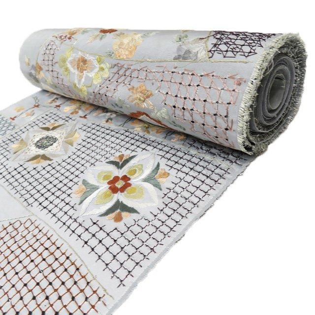 ☆きもの北條☆ 特選 帯反物 汕頭刺繍 スワトウ 灰色 多色 金銀 反物  