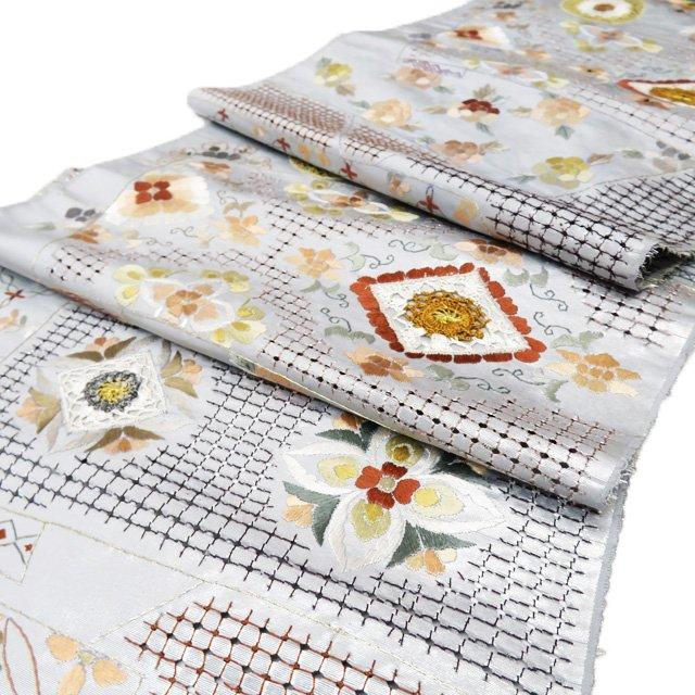 ☆きもの北條☆ 特選 帯反物 汕頭刺繍 スワトウ 灰色 多色 金銀 反物  