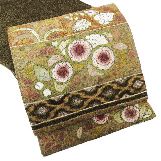 ☆きもの北條☆ 辻が花 絞り 幽玄に煌めく花の彩り 金通し 茶系色 袋帯  