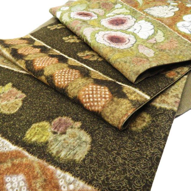 ☆きもの北條☆ 辻が花 絞り 幽玄に煌めく花の彩り 金通し 茶系色 袋帯  