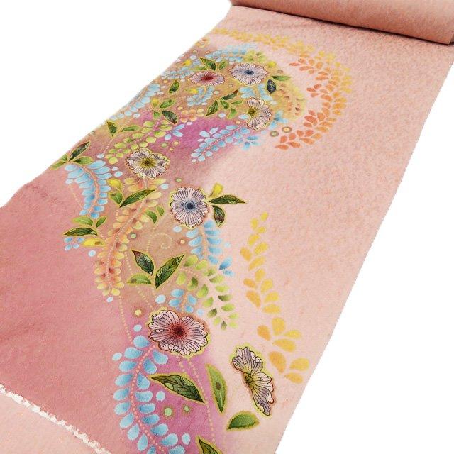 付け下げ 手描 金彩 扇面に四季の花 浜ちりめん 水色 正絹 反物 付け下げ 手描 金彩 扇面に四季の花 浜ちりめん 水色 正絹 反物