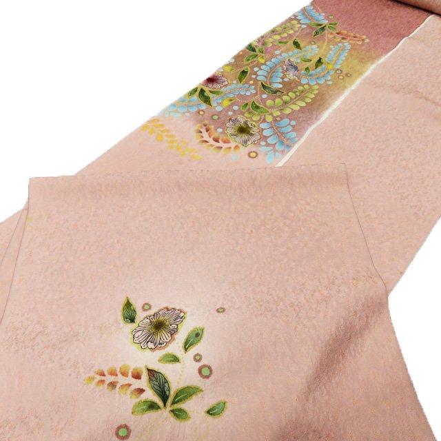 付け下げ 手描 金彩 扇面に四季の花 浜ちりめん 水色 正絹 反物 付け下げ 手描 金彩 扇面に四季の花 浜ちりめん 水色 正絹 反物