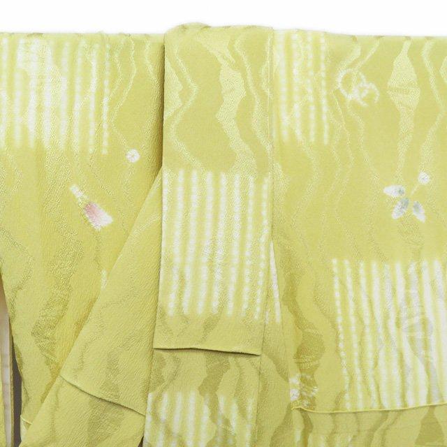 特選 小紋 着物 未使用 正絹 袷 絞り染め 地紋 地模様 花模様 淡黄色  