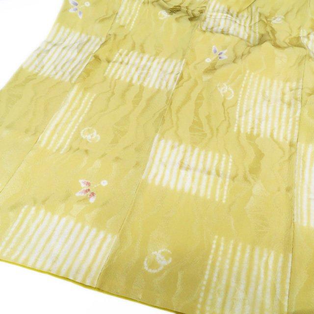 特選 小紋 着物 未使用 正絹 袷 絞り染め 地紋 地模様 花模様 淡黄色  