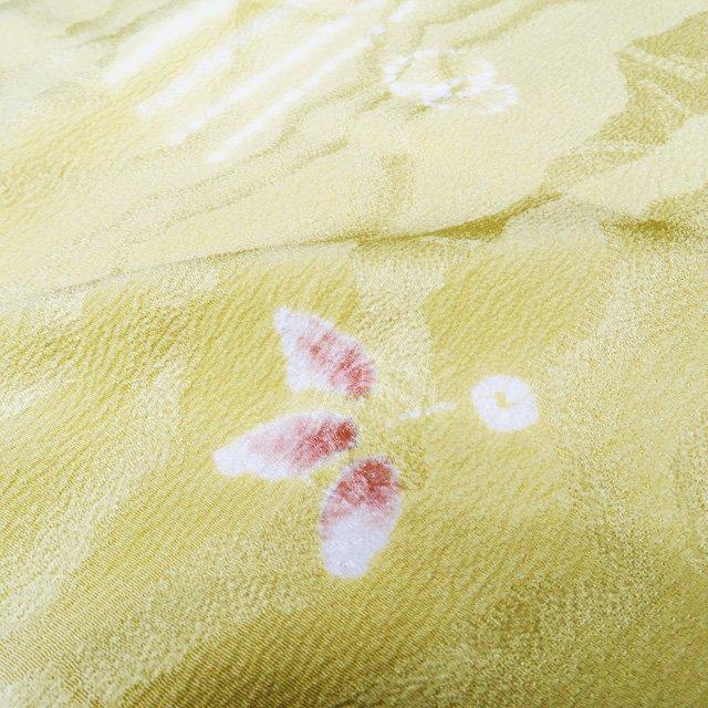 特選 小紋 着物 未使用 正絹 袷 絞り染め 地紋 地模様 花模様 淡黄色  