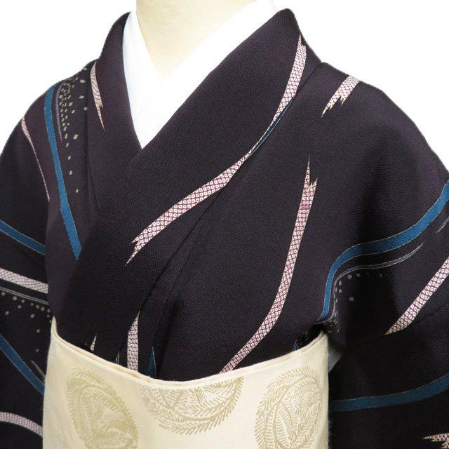 小紋 着物 中古 正絹 袷 カジュアル 縮緬 ちりめん 立涌模様 至極色  