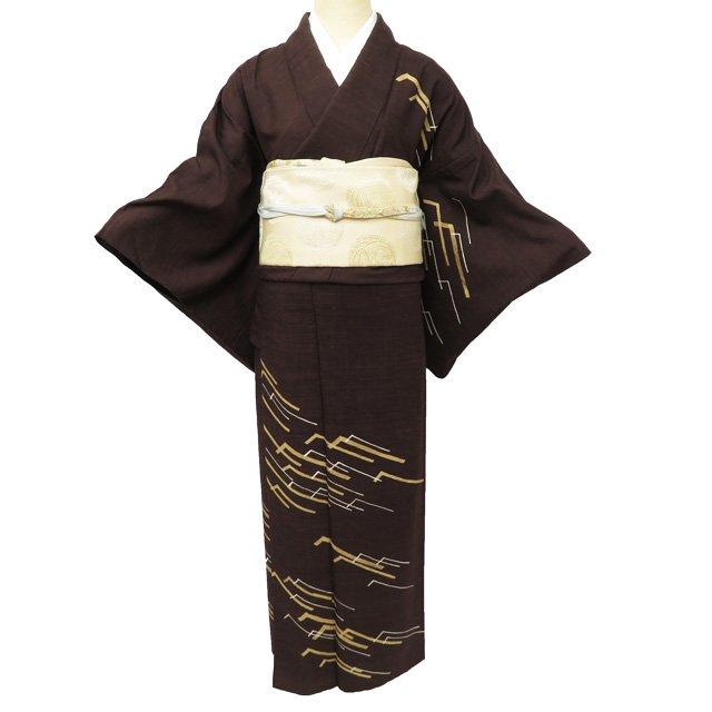 紬 着物 中古 正絹 単衣 セミフォーマル 焦茶色 身丈169cm 裄65cm L 