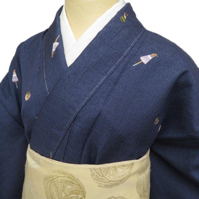 小紋 着物 未使用 正絹 単衣 カジュアル 刺繍 和傘 番傘 下駄 鈴 紺色  