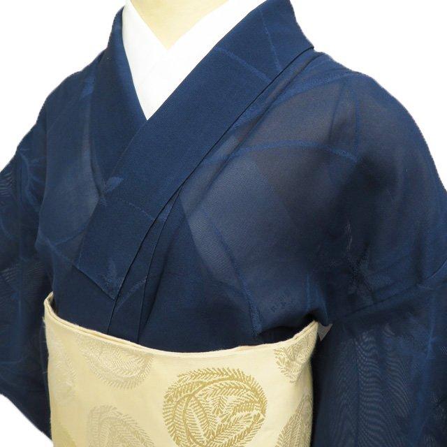 着物 中古 正絹 色無地 紋紗 夏物 カジュアル 花模様 桔梗 紺色 身丈