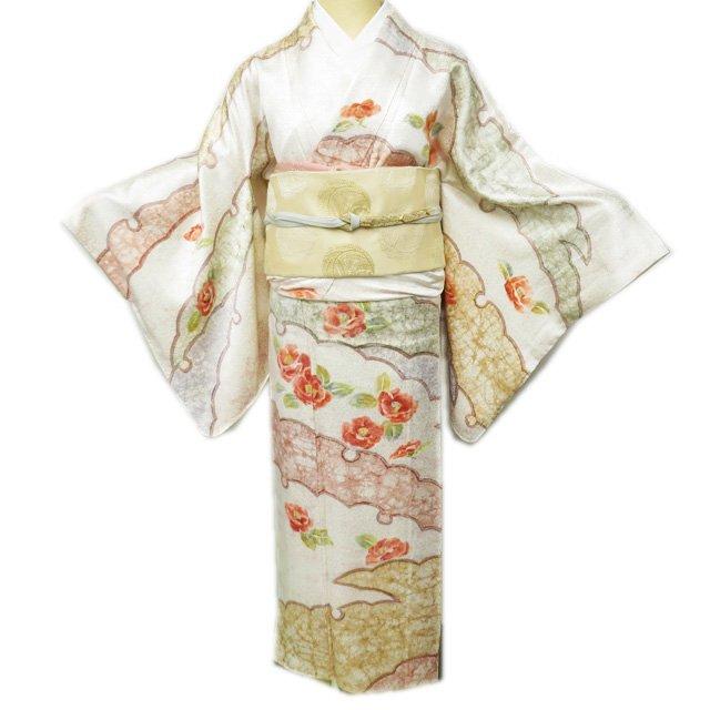 訪問着 着物 未使用 正絹 袷 フォーマル 雪輪取り 花模様 椿 多色 身丈  