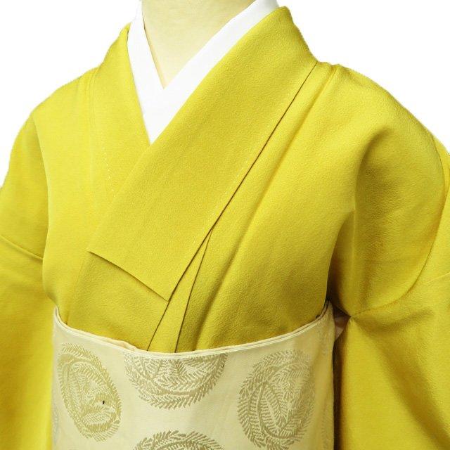 色無地 着物 新古品 正絹 袷 カジュアル 紋付 一つ紋 梔子色 身丈159.5 