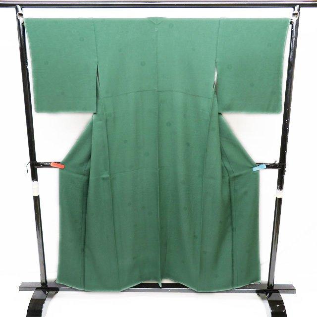 色無地 着物 中古 正絹 袷 フォーマル 紋付 一つ紋 地紋 植物文様 緑  