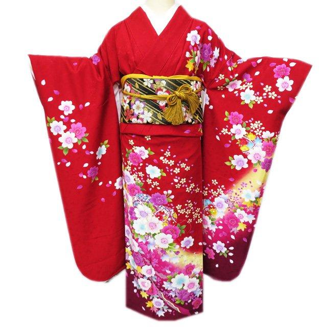 桜の花と蝶の訪問着・長襦袢と袋帯の3点セット（正絹）
