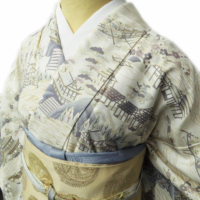 特選 白山紬 着物 中古 セミフォーマル 汕頭刺繍 スワトウ 風景 源平  