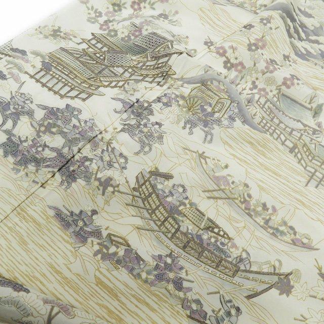 特選 白山紬 着物 中古 セミフォーマル 汕頭刺繍 スワトウ 風景 源平  