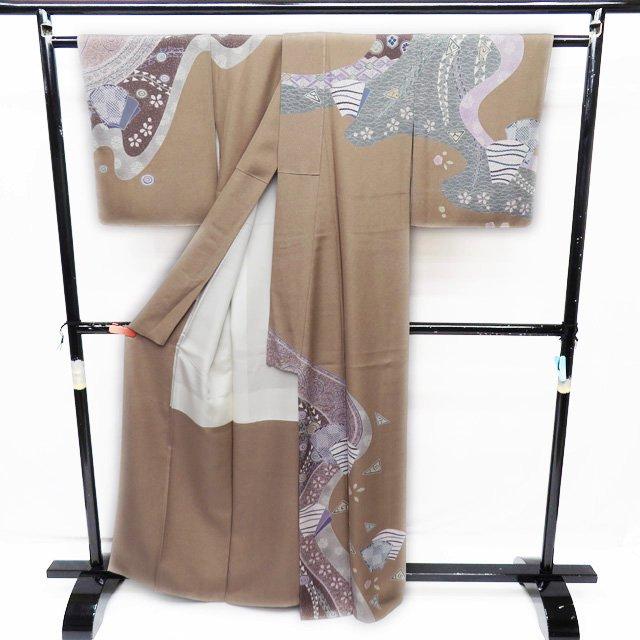 訪問着 着物 未使用 正絹 袷 フォーマル 花の図 茶系色 多色 身丈164cm  