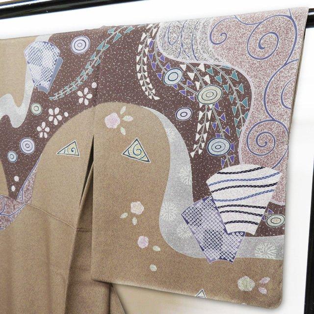 訪問着 着物 未使用 正絹 袷 フォーマル 花の図 茶系色 多色 身丈164cm  
