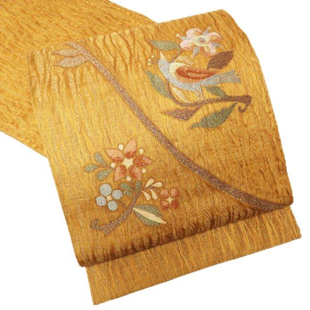 袋帯 中古 リサイクル 正絹 フォーマル 仕立て上がり お太鼓柄 明綴れ 花鳥模様 白茶色 赤銅色 多色 金 きもの北條 A930-15 FINAL PRICE ／ 袋帯 中古 リサイクル 正絹 フォーマル 仕立て上がり