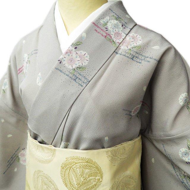 小紋 着物 中古 正絹 単衣 カジュアル 桜模様 薄梅鼠色 多色 身丈170cm 