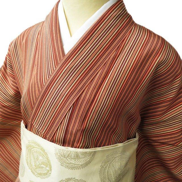 小紋 着物 中古 正絹 単衣 カジュアル 紋付 ストライプ 縦縞模様 地模様 柴染色 身丈159.5cm 裄66cm M きもの北條 A912-16 小紋 小紋着物 袷 レディース 正絹 灰青 唐草 松 亀甲 七宝 古典柄