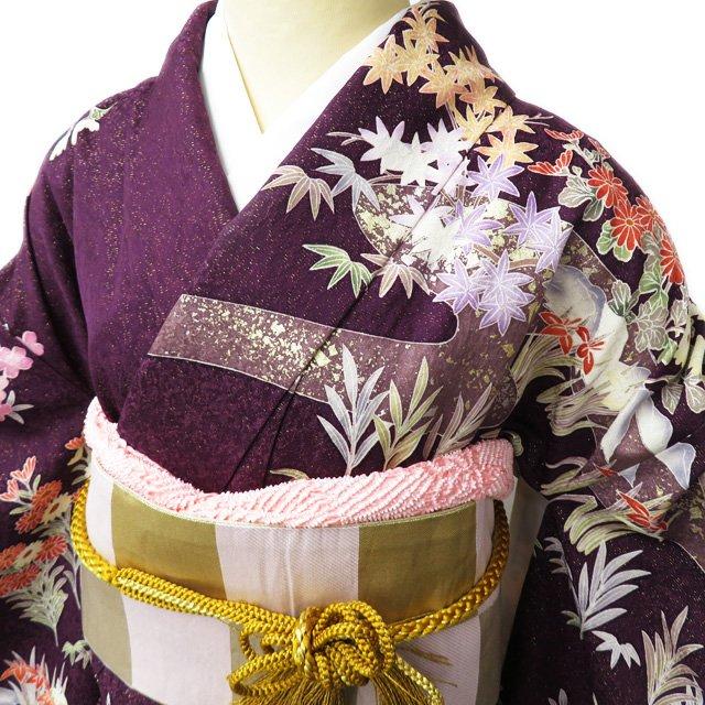 振袖 襦袢 2点 セット 着物 中古 花模様 流水 御車 金駒刺繍 金通し 桑  