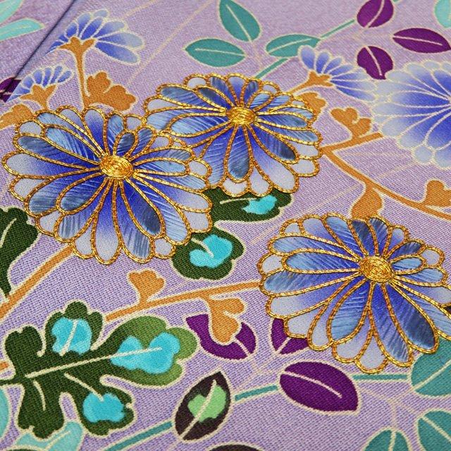 ☆中古品☆振袖単品ヤケ有り正絹紺系ラメ入り花模様B級品振袖