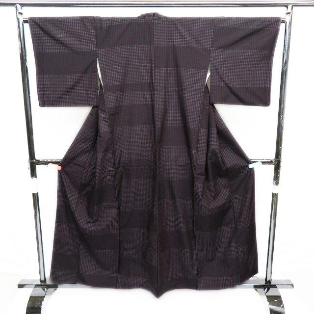FINAL PRICE ／ 紬 着物 中古 正絹 袷 カジュアル 格子模様 線模様 黒 