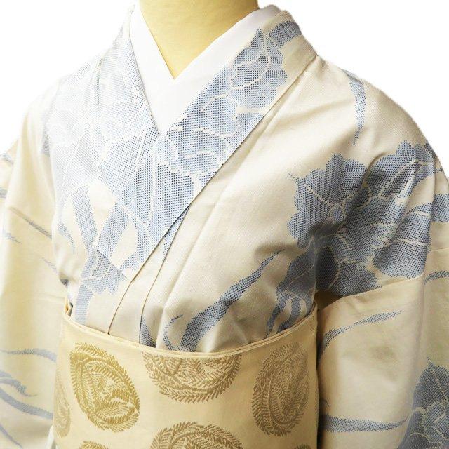 大島紬 白大島 着物 中古 正絹 袷 カジュアル 花模様 オフホワイト 青  