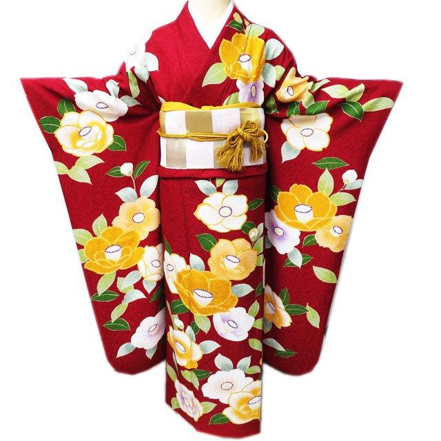 ポリエステル振袖 金彩 家紋 椿 身丈170cm ポリエステル振袖 金彩 椿 家紋 紋意匠 身丈170cm - 日本