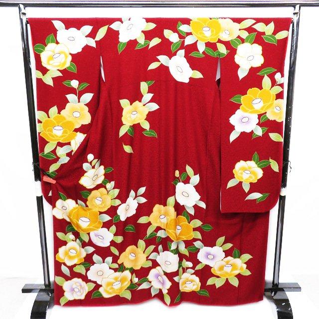 振袖 着物 中古 リサイクル 正絹 袷 金駒刺繍 花模様 椿 銀通し 濃紅色  