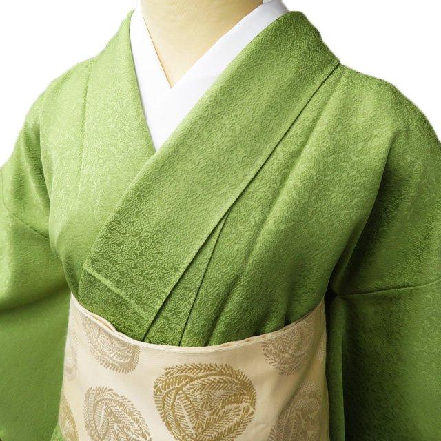 色無地 着物 中古 正絹 袷 カジュアル 紋なし 地模様 植物文様 苗色 