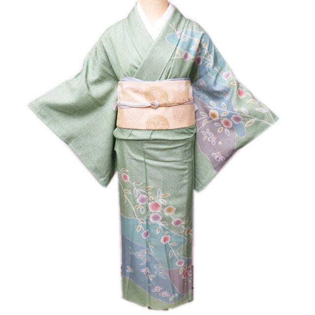 訪問着 着物 中古 正絹 単衣 フォーマル 金彩 地模様 花の図 梅 銀通し  