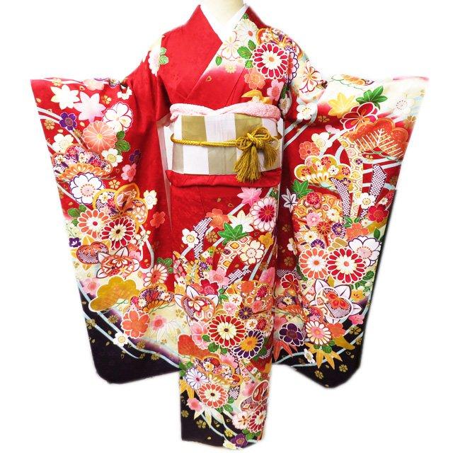 FINAL PRICE ／ 振袖 着物 中古 リサイクル 正絹 袷 流水 地模様 赤色 