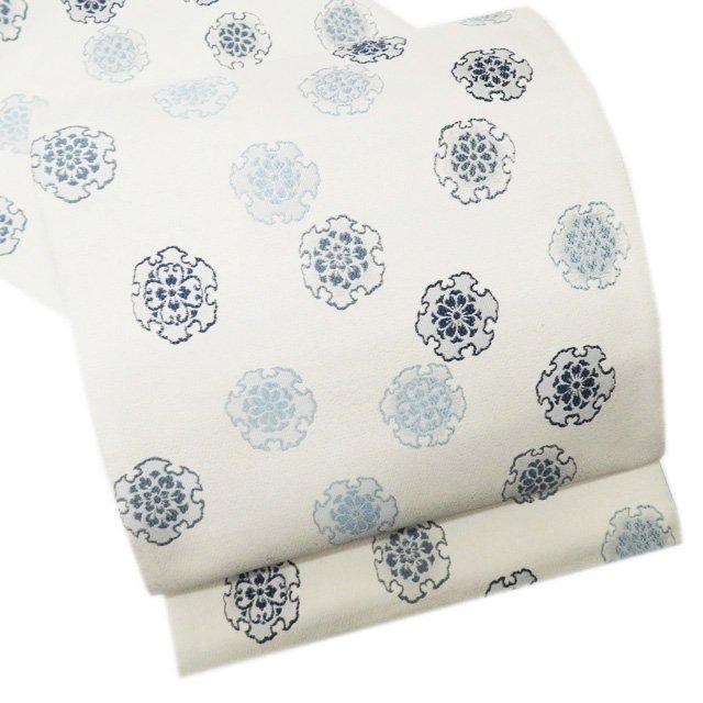 袋帯 未使用 正絹 カジュアル 仕立て上がり 六通 雪輪模様 雪花 白色  