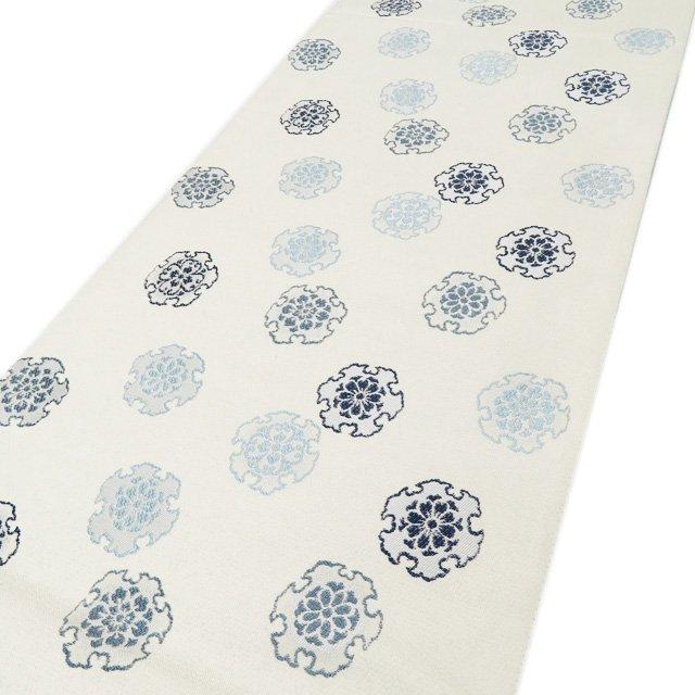 袋帯 未使用 正絹 カジュアル 仕立て上がり 六通 雪輪模様 雪花 白色  