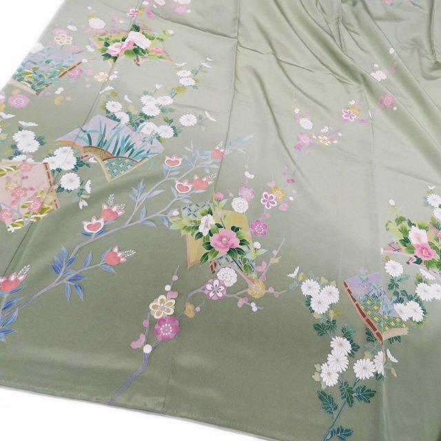 訪問着 着物 中古 正絹 袷 フォーマル 紋付き 作家物 落款 花の図 菊 淡紅色 多色 身丈164.5cm 裄66.5cm L きもの北條 A1074-8 kimono-hojo_a1147-18