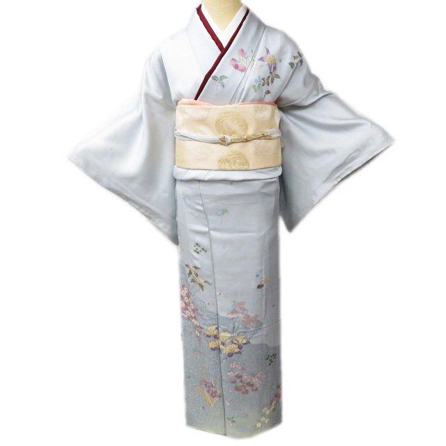 訪問着 着物 中古 正絹 袷 フォーマル 紋付 作家物 落款 花の図 地模様  