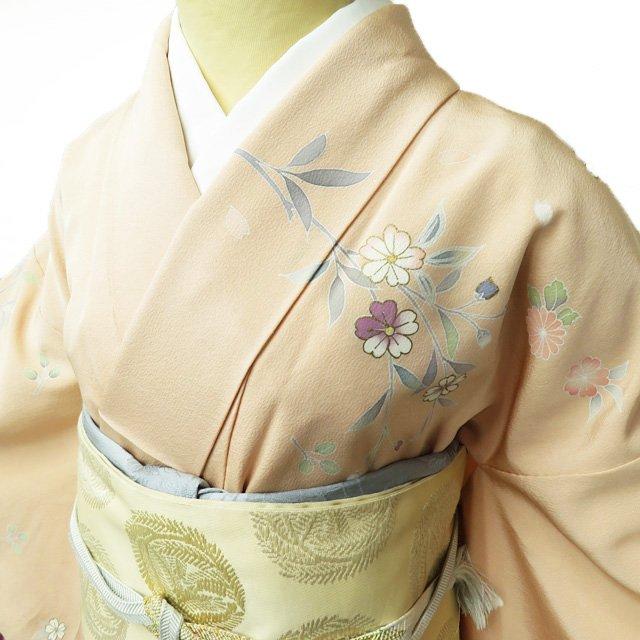訪問着 中古 着物 正絹 袷 フォーマル 花の図 春秋 菊 桜 洒落柿色 薄  