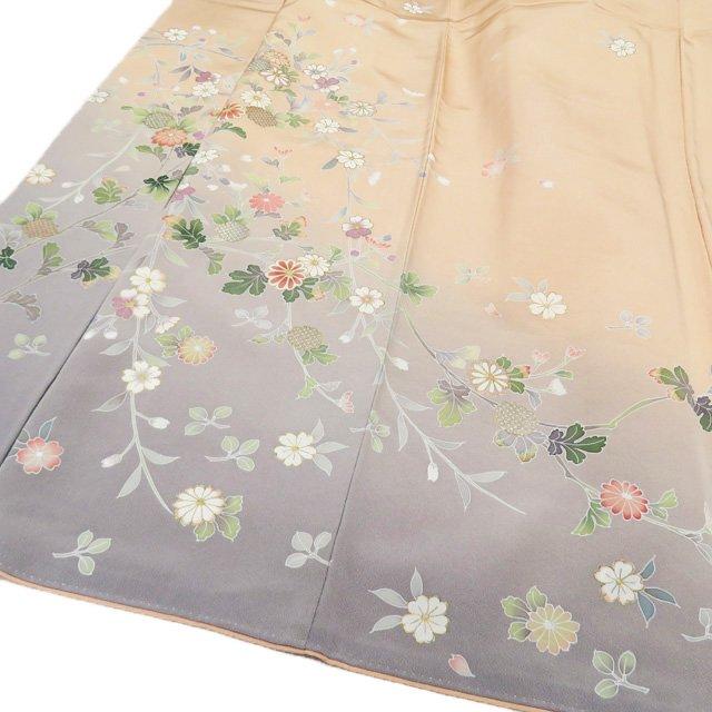 訪問着 中古 着物 正絹 袷 フォーマル 花の図 春秋 菊 桜 洒落柿色 薄  