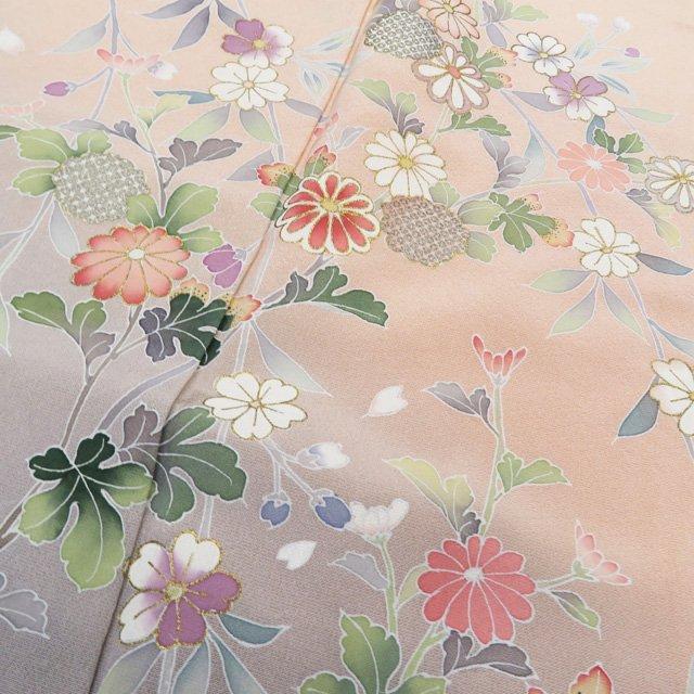 訪問着 中古 着物 正絹 袷 フォーマル 花の図 春秋 菊 桜 洒落柿色 薄 